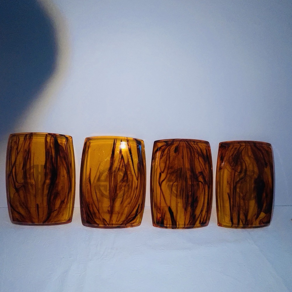 Vtg MCM Faux Tortoiseshell Lucite Acrylic Trays Set of 4 Asian Shou Emblem 7x5